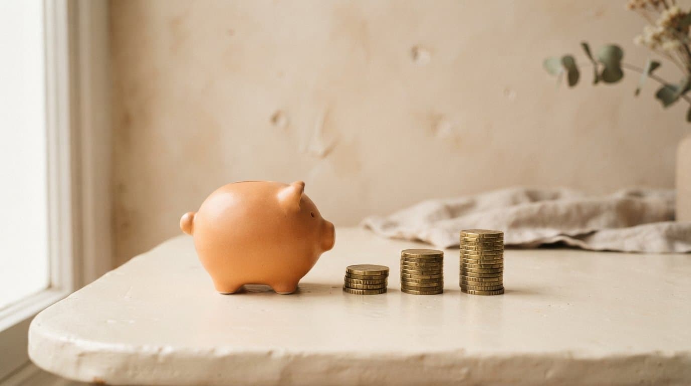 ブタの貯金箱と積み上げたコイン